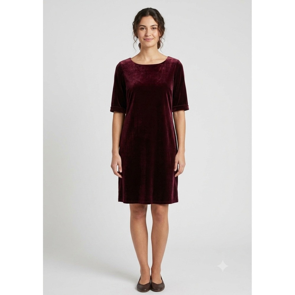 J.Jill Burgundy Velvet Shift Dress Boat Neck Elbow Sleeve Wine Red‎ Small